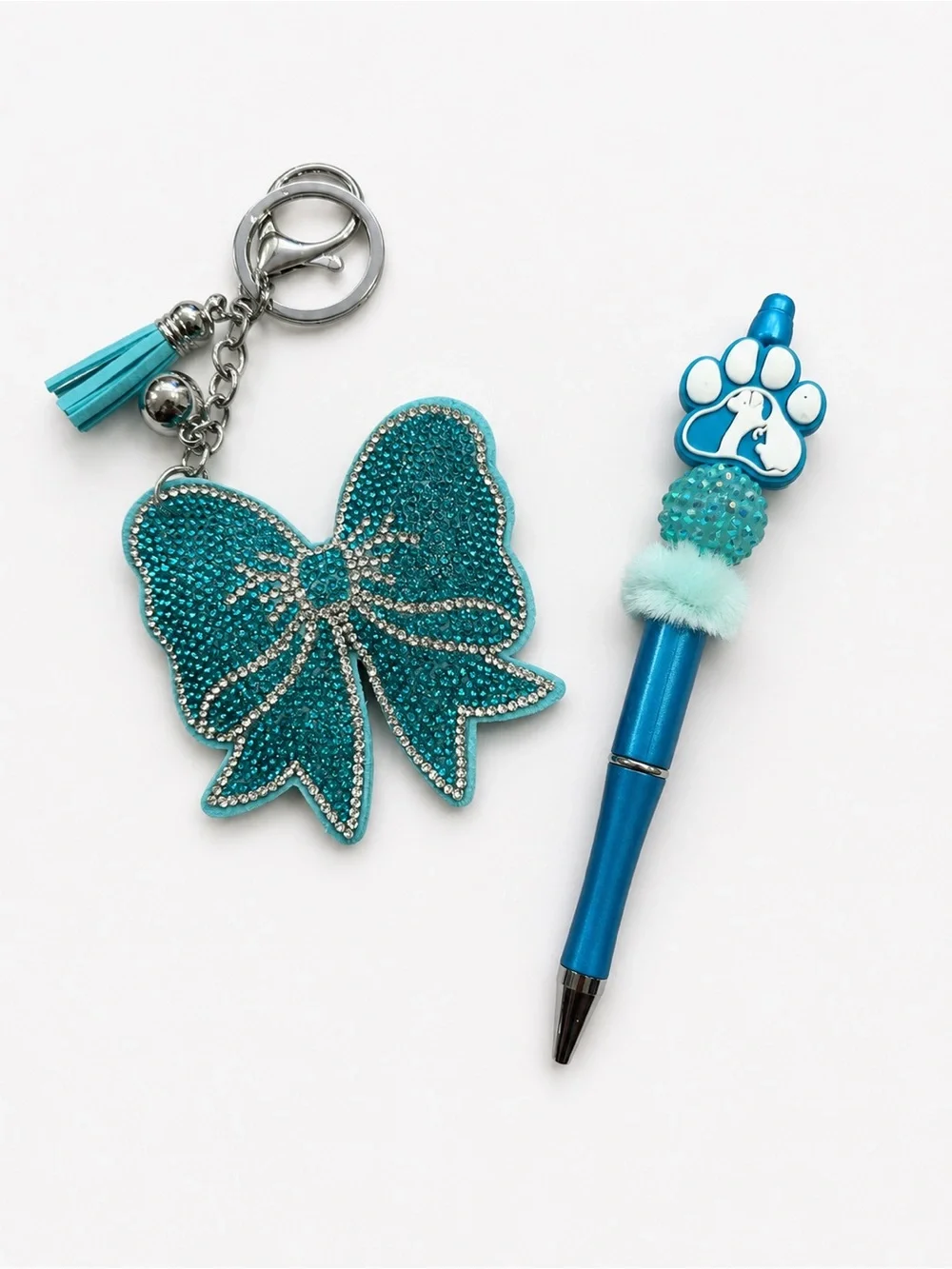 Blue bow Crystal Keychain with Blue Paw with cat/dog Pen